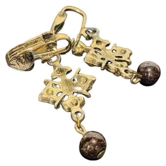 Vintage Gold Tone Brown Beaded Crest Clip On Drop Women’s Fancy Earrings - Picture 3 of 7